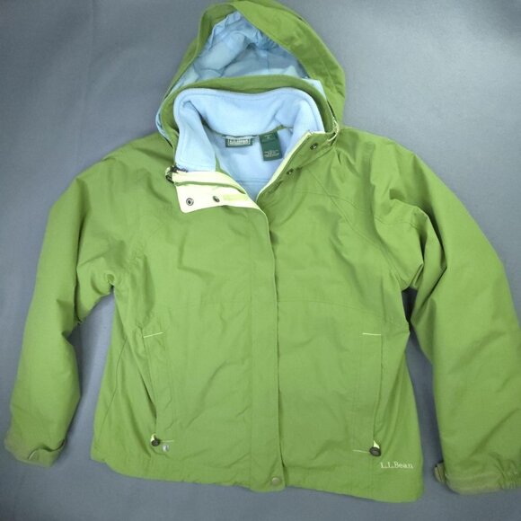 LL Bean Jacket Womens M Green Blue Zip Out Fleece Coat Liner Hooded Outdoors - Picture 1 of 16